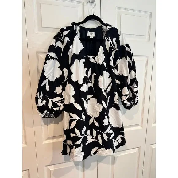NEW Kate Spade Rose Poplin Balloon Black White Sleeve Mini Dress - Picture 4 of 8